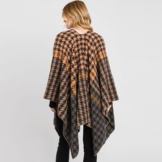 Size : 49.25" X 29.5" Material : 100% Polyester Brown Shawl Cape For Fall, One Size Fall Poncho Cape, One-size Brown Cape For Fall, One Size Brown Cape For Fall, One Size Fall Cape With Scarf Detail, One Size Fall Cape With Scarf, Oversized Multicolor Cape For Fall, Multicolor Cape Poncho For Fall, Oversized Plaid Poncho For Fall