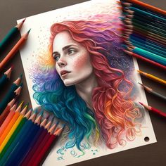 colored pencils are next to a drawing of a woman's face and hair