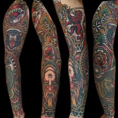 three different colored tattoos on both legs and arms, one with an ornate design in the middle