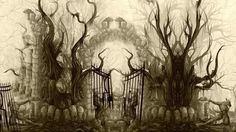 Cemetery Gates Gates Of Hell, Gothic Wallpaper, Heaven And Hell, Dark Gothic, Black Magic, Dark Art, Gate, Trees