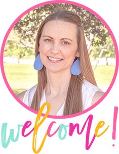 a woman with long hair is smiling and has the words welcome in front of her