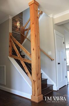 a wooden stair case in a house with white walls