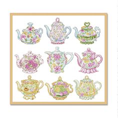 a cross stitch pattern with many different teapots