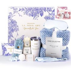 the la novo gift hamper is shown with its contents in blue and white