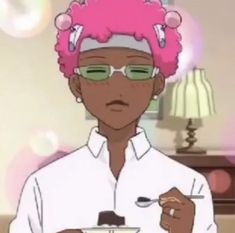 a woman with pink hair and glasses is holding a bowl of food in her hand