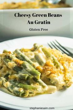 cheesy green beans and asparagus casserole on a white plate