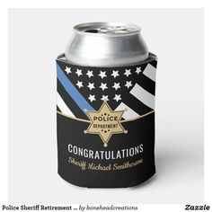 a black and white can cooler with an american flag design on the front, and police department congratulations written in gold