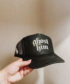 Ghosting him before he does? Terrifying. We loved this saying and paired it with our brand new Cowboy Ghostie Pin 👻  With or without the pin, this hat stand out and makes for the cutest selfies.  Grab attention and style your hair for a gorgeous show stopper look. Visit our instagram page for hair inspo! @AgencyOfSaints We created a guide on our IG Page full of fun tutorials for you 🫶🏼 Hat Band - 22 ⅘ Crown Height - 4 ¾ Production timelines begin when you place the order. I keep a low stock o Adjustable Flat Brim Halloween Costume Hat, Adjustable Flat Brim Halloween Hat, Adjustable Flat Brim Hat For Halloween, Black Halloween Trucker Hat, Novelty Black Snapback Hat One Size, Novelty Black Hat With Flat Bill, Halloween Hat With Short Brim, One Size, Black Snapback Trucker Hat For Halloween, Novelty Black Trucker Hat With Curved Brim