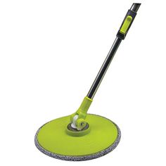 a green dust mop with a black handle and yellow floor polisher on it