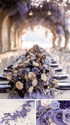 the table is set with purple and white flowers