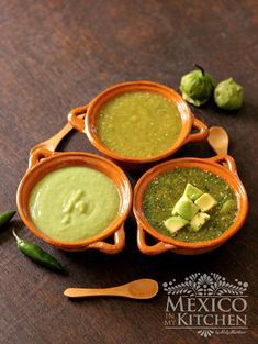 three bowls filled with different types of food on top of a wooden table next to broccoli