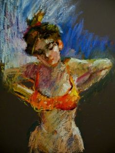 a pastel drawing of a woman in an orange top and red skirt with her arms behind her head