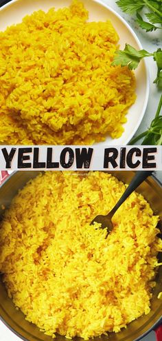 yellow rice in a bowl with a spoon on the side and an image of it being cooked