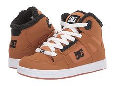 DC Kids Pure High-Top WNT (Little Kid/Big Kid) - Boys Shoes : Brown/Wheat : Kick his cold-weather woes to the curb with the skate-inspired DC Kids Pure High-Top WNT sneakers! Leather and synthetic uppers. Padded tongue and collar for all-day comfort. Molded TPR eyelet and lace-up closure for a secure and adjustable fit. Cushioned footbed. Sherpa lined interior for enhanced cold-weather comfort. Abrasion-resistant sticky rubber outsole with DC's Pill Pattern tread. Imported. Measurements: Weight: Shoes For Kids Boys Sneakers, Shoes For Big Kids, Big Kid Shoes, Kids Boots Boys, Shoes For Boys, Timberland Kids, Brand Shoes, Shoes Brown, Sherpa Lined