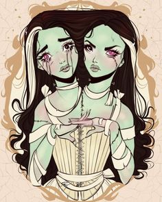 two women with pink eyes and long black hair, one wearing a white corset