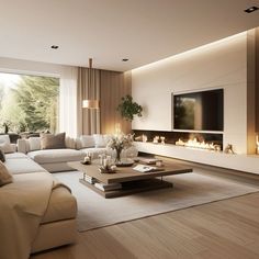 Design Open Space Living Room, Beige Living Room With Fireplace, Modern Beige Interior, Modern Living Area Design Interiors, Modern Home Interior Design Living Rooms Luxury Houses Small, Modern Warm Home Aesthetic, Gray Parquet, Living Room With Terrace, Modern Style Interior Design