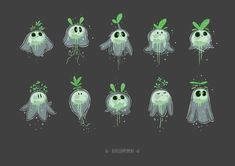 the spooky ghost stickers are green and have leaves on their heads, while they