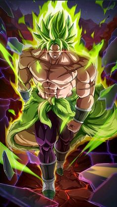 an anime character with green hair and no shirt on, standing in front of a dark background