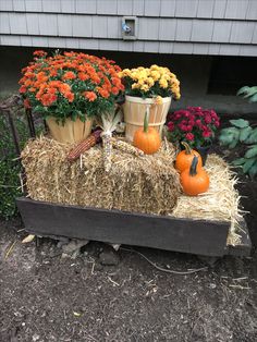 a hay bale filled with flowers and pumpkins