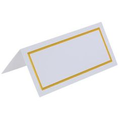 a white and gold place card with a yellow border on the edge, set against a white background