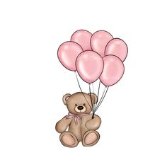 a brown teddy bear holding pink balloons