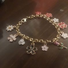 Handmade Flower Charm Bracelet In Gold Tone Lobster Clasp Closer Flower Charm Bracelet, Jewelry Flower, Handmade Flower, Hand Crafted Jewelry, Floral Jewellery, Crafted Jewelry, Flower Charm, Handmade Flowers, Womens Jewelry Bracelets