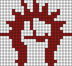 a cross stitch pattern with red and white squares in the shape of a skull on a black background