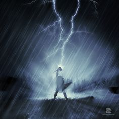 a man standing in the rain with a lightning behind him