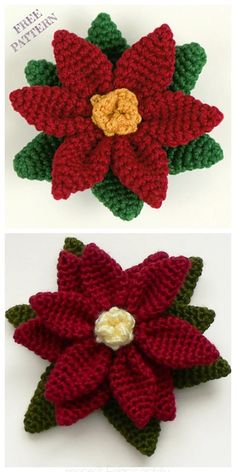 two crocheted poins with leaves and flowers on them, one is red and the other is green