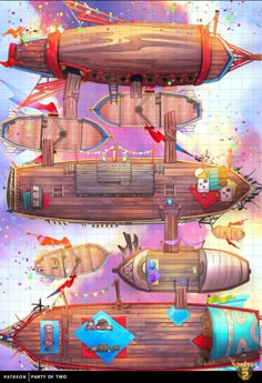 an image of three ships floating in the air with different colors and shapes on them