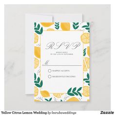 a wedding card with lemons and leaves on it