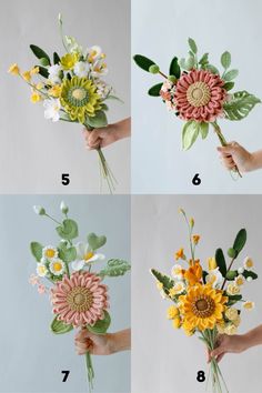 four pictures showing different types of flowers being held by someone's hands with the same flower arrangement