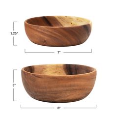 two wooden bowls are shown with measurements for each bowl, and one is in the same size