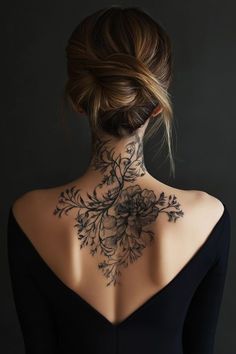 Back And Neck Tattoos For Women, Back Shoulder Neck Tattoo, Neck And Back Tattoos For Women, Feminine Upper Back Tattoos, Tattoo Back Of Neck Women, Women Back Of Neck Tattoo, Feminine Back Of Neck Tattoos, Neck Tatoos Woman, Neck And Shoulder Tattoos For Women