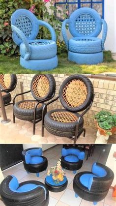 two pictures with different chairs and one has blue cushions on it, the other is black