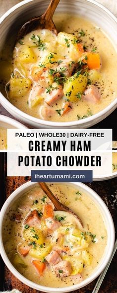 two bowls of creamy ham potato soup with text overlay