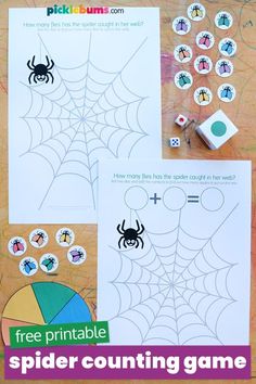 spider counting game for kids with free printables on the front and back side