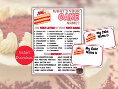 a red velvet cake with white frosting and the words, what's your cake name?