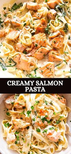 creamy salmon pasta with spinach and parmesan cheese is an easy dinner recipe