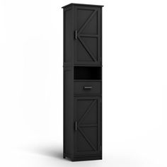 a tall black cabinet with two doors on the front and one door open to reveal a shelf