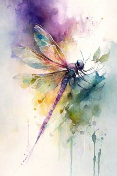 a watercolor painting of a dragonfly on a white and purple background with drops of paint