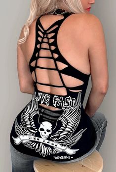 Live Fast Racerback Tank Brand: Demi Loon CHOOSE Front option: No Slash Half Slash Full Slash Details: 95% Cotton 5% Spandex- Soft and Stretchy! Our original Live Fast Graphics From our hands to your closet! from Redondo Beach, CA Description: Sexy racerback tank top with skull wings tattoo graphic. "Live Fast Die Last" Original Graphics with slashed neckline. Sizing: XS: 32-33" Bust Small: Bust 34-35" Medium: Bust 36-37" Large: Bust 38-39" XL: Bust 40-41" 2x: Bust 42-43" *Model 35" bust. 5'5" t Skull Wings Tattoo, Biker Chick Style, Skull Wings, Tattoo Graphic, Gothic Models, Gothic Clothes, Wings Tattoo, Redondo Beach, Biker Chick