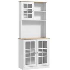 a white bookcase with glass doors on the top and bottom shelf, against a white background