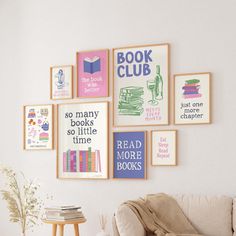 a living room filled with furniture and lots of books on the wall above it is a white couch