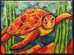 a painting of a turtle swimming in the water with bamboo stalks around it's neck