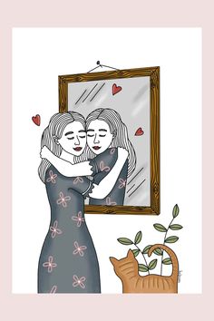 two women hugging each other in front of a mirror with hearts on it and a cat looking at them