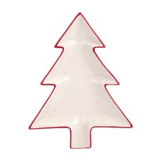 a red and white christmas tree shaped dish on a white background with the word merry written below it