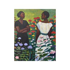 a painting of two women standing next to each other in front of flowers and plants