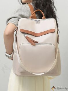 BirdinBag - Colorblock Tassel Decor Medium Classic Backpack with Front Pocket for Daily Use Beige Rectangular Backpack With Large Capacity, Large Capacity Beige Rectangular Backpack, Rectangular Large Capacity Backpack For Errands, Beige Large Capacity Rectangular Backpack, Beige Rectangular Backpack With Zipper Closure, Beige Portable Rectangular Backpack, Beige Rectangular Backpack, Portable Rectangular Beige Backpack, Beige Rectangular Leather Backpack