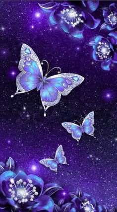 blue flowers and butterflies in the night sky